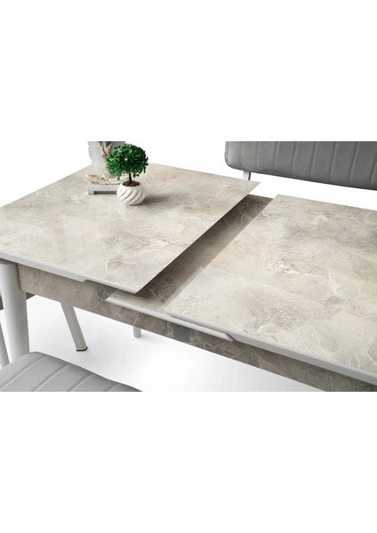Kelebek Marmo Ahşap Salon Yemek Masa Fulya Sandalye Takımı 4 Sandalyeli Ortadan Açılır Büyüyen 60 x 100 cm Mermer Desen
