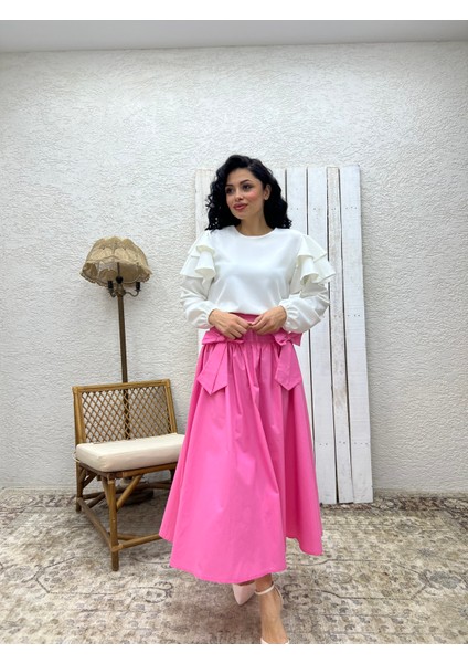 Pembe Fiyonklu Poplin Etek