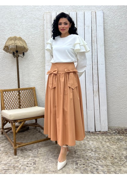 Camel Fiyonklu Poplin Etek
