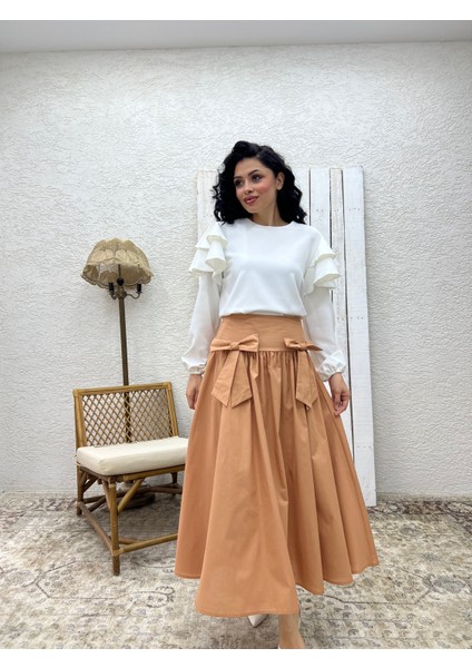 Camel Fiyonklu Poplin Etek