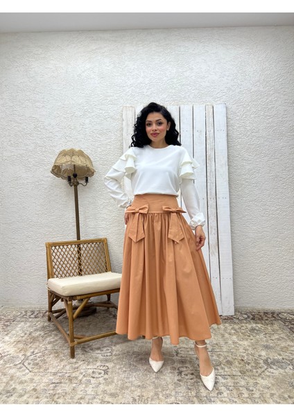 Camel Fiyonklu Poplin Etek