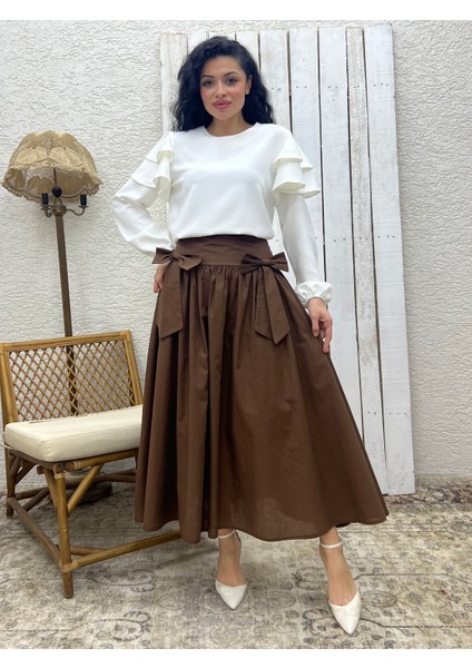 Kahverengi Fiyonklu Poplin Etek