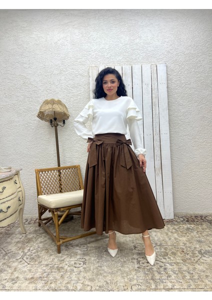 Kahverengi Fiyonklu Poplin Etek fırsatları