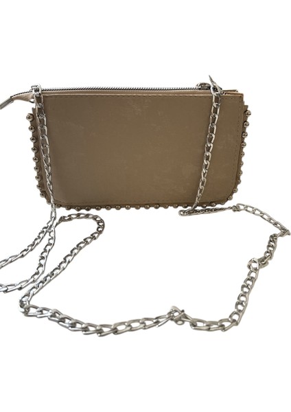 Metal Boncuklu Şık Kadın Clutch Çapraz Zincir Askılı Çanta - Bej modelleri