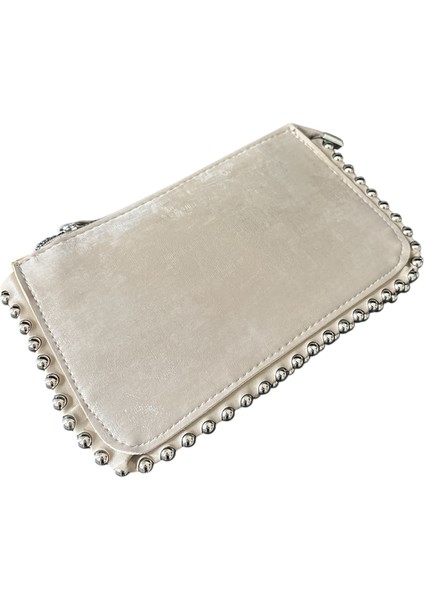Metal Boncuklu Şık Kadın Clutch Çapraz Zincir Askılı Çanta - Bej indirimleri