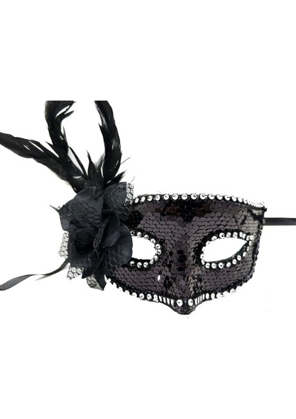 Siyah Renk Yandan Tüylü Güllü Gümüş Taşlı Pullu Maske 20 x 22 cm - MCT7364-6303