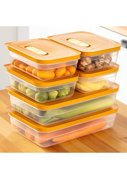 6'lı Hava Kanallı Ayarlanabilir Sebze ve Meyve Saklama Kabı 4x(1,15 Lt) 2x(2,5 lt) turuncu