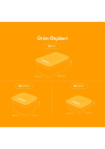 6'lı Hava Kanallı Ayarlanabilir Sebze ve Meyve Saklama Kabı 2x(1,15-2,35-5 lt) turuncu