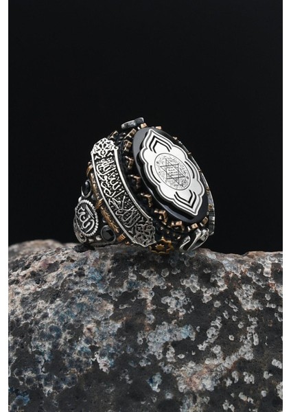 Özel Tasarım Hz. Süleyman Mührü Gümüş Erkek Yüzüğü Allah ve Muhammed ve Kelime-I Tevhid Yazlı 901535 fiyatları
