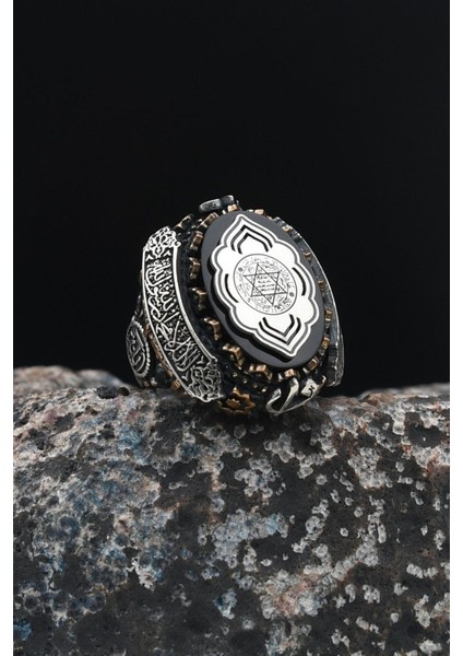 Özel Tasarım Hz. Süleyman Mührü Gümüş Erkek Yüzüğü Allah ve Muhammed ve Kelime-I Tevhid Yazlı 901535 modelleri