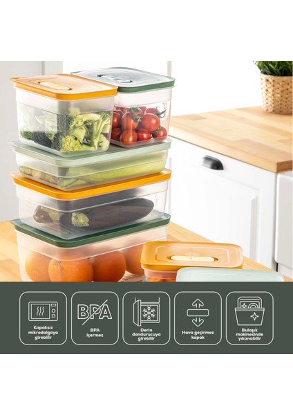 6'lı Hava Kanallı Ayarlanabilir Sebze ve Meyve Saklama Kabı 4x(1,15 Lt) 2x(2,5 lt) yeşil modelleri