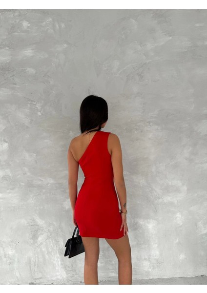 Tek Omuzlu Kolsuz Mini Boy Elbise - Kırmızı