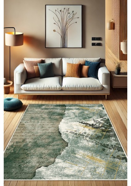 Yesil Modern Desenli Yıkanabilir Dokuma Tabanlı Kaymaz Çatlak Desenli Halı