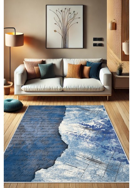 Mavi Modern Desenli Yıkanabilir Dokuma Tabanlı Kaymaz Çatlak Desenli Halı