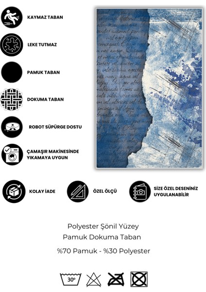 Mavi Modern Desenli Yıkanabilir Dokuma Tabanlı Kaymaz Çatlak Desenli Halı