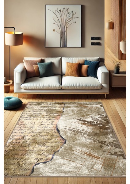 Krem Modern Desenli Yıkanabilir Dokuma Tabanlı Kaymaz Çatlak Desenli Halı