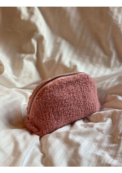 Pembe Teddy Kumaş Kozmetik/ Makyaj Çantası Seyahat Organizeri Makyaj Organizeri Ölçü : 24x16 cm