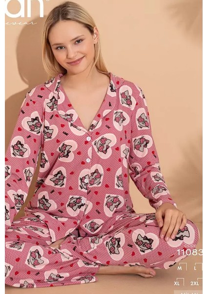 Bayan Milan Boydan Düğmeli Uzun Kol Pijama Takımı (Gül Kurusu) XL