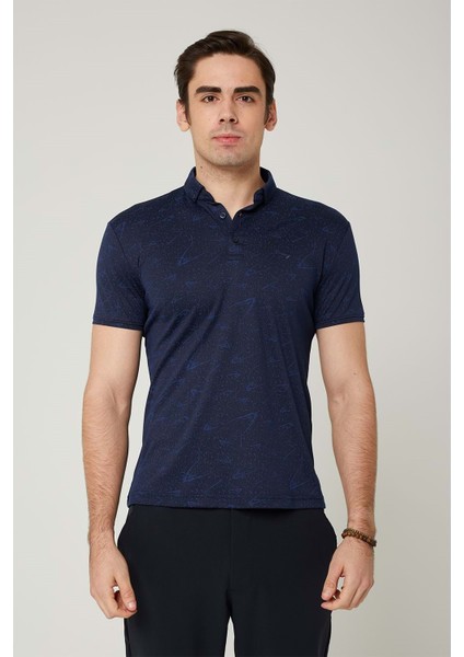Erkek Desenli Yakalı Lacivert Tshirt