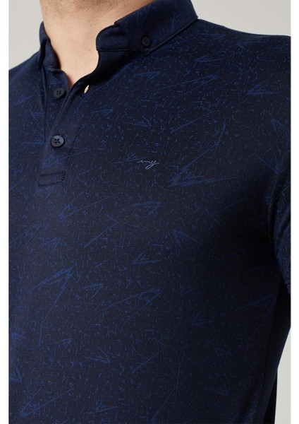 Erkek Desenli Yakalı Lacivert Tshirt