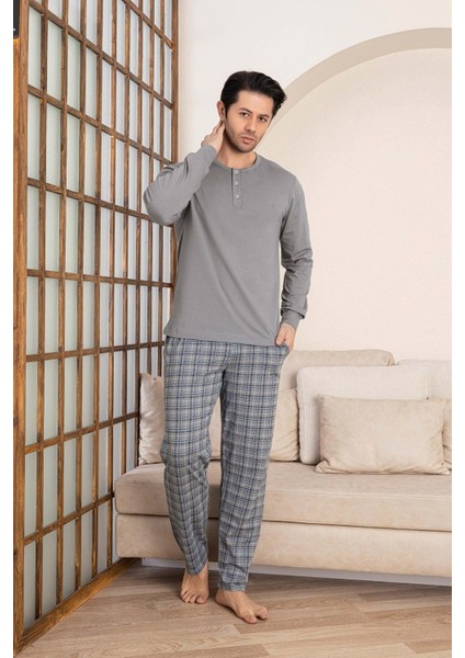 Erkek Ekose Desen 3 Düğmeli Bisiklet Yaka Bilek Manşetli Modal Mevsimlik Uzun Kol Cepli Pijama Takımı
