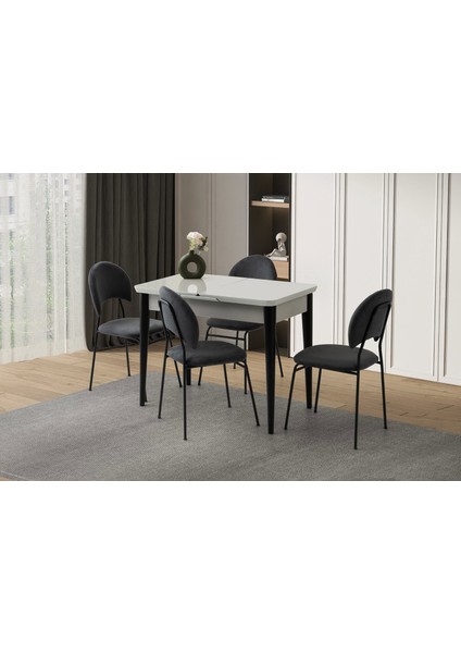 Ortadan Açılır Büyüyen 60 x 100 cm Açık Gri Ahşap Salon Yemek Masa Gri Sandalye Takımı Suna 4 Sandalyeli