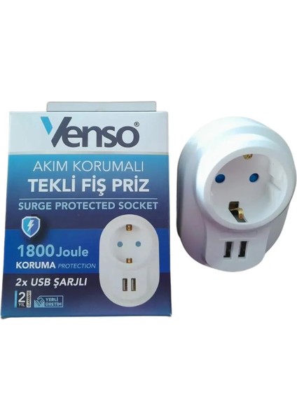 Akım Korumalı Priz 1'li Çift USB Şarjlı