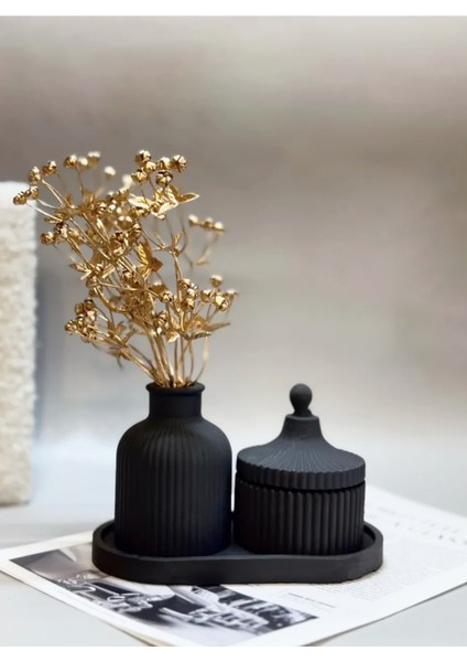 Şık Siyah Seramik Vazo ve Mumluk Seti - Modern ve Minimalist Dekorasyon