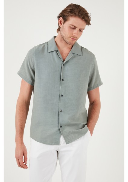 Keten Görünümlü Kısa Kollu Apaş Yaka Regular Fit Gömlek Erkek GÖMLEK CF23S116775