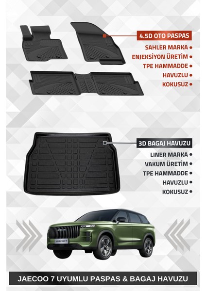 Jaecoo 7 4x4 2024+ Uyumlu 4.5d Premium Havuzlu Oto Paspas ve Liner Marka 3D Bagaj Havuzu