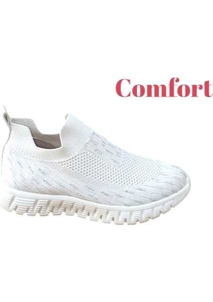 502 Kadın Bej Triko Taşlı Memory Foam Tabanlıklı Comfort Sneaker Bej