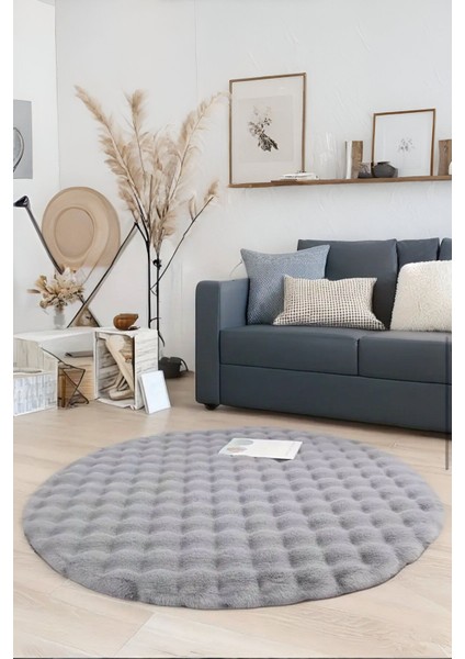 Bubble Yuvarlak Gri Uzun Tüylü Yumuşak Peluş Kaymaz Yıkanabilir Salon Oturma Odası Balkon Halısı