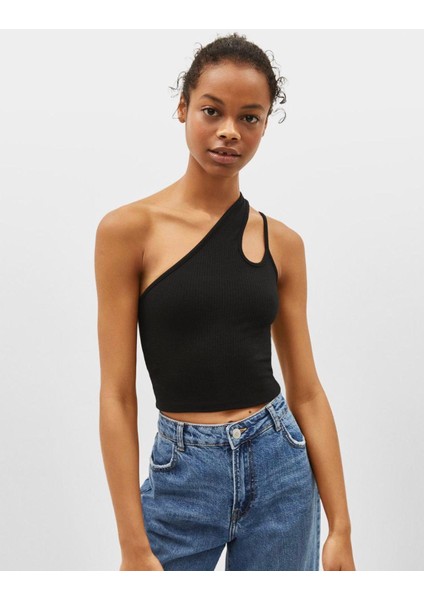 Kadın Siyah Tek Omuz Detay Crop fiyatları