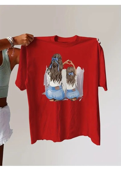Kadın Anne Kız Tema Baskılı T-Shirt Oversize Salaş