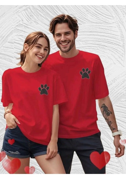 2li Çift Kombini Sevimli Pati Baskılı T-Shirt Unisex Salaş Oversize Boyfirend