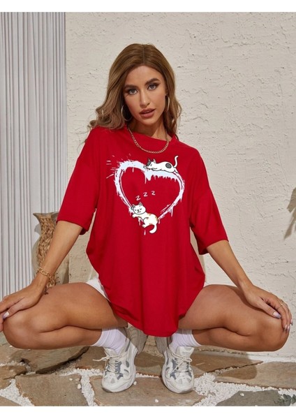 Cats Baskılı Kadın / Kız Oversize/boyfriend Kırmızı T-Shirt