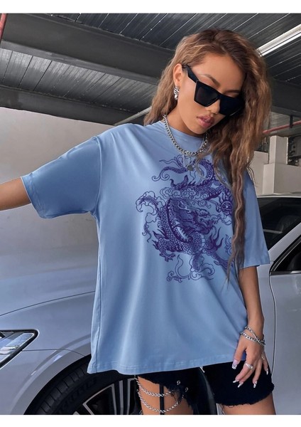 Kadın / Kız Mavi Oversize T-Shirt Dragon Baskılı modelleri