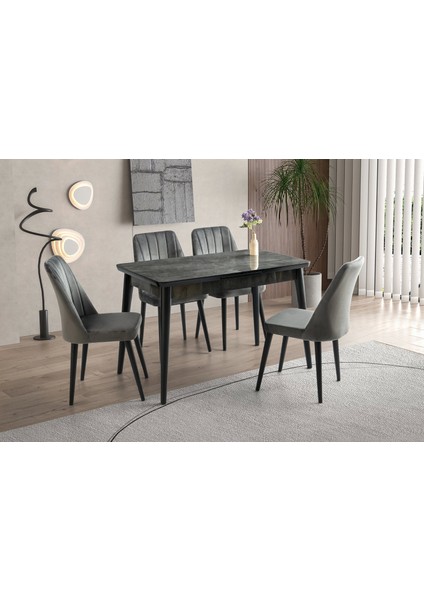 Ortadan Açılır Büyüyen 60 x 100 cm Siyah Mermer Ahşap Salon Yemek Masa Gri Sude Sandalye Takımı 4 Sandalyeli