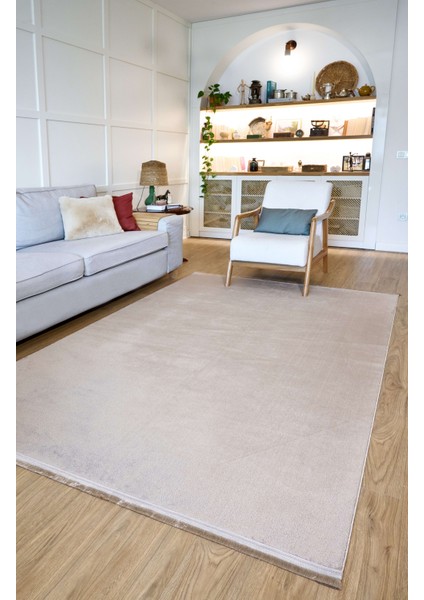 Halı Yoga 5013 Bej Kaymaz Yıkanabilir Düz Renk Üst Kalite Yumuşak Dokulu Halı