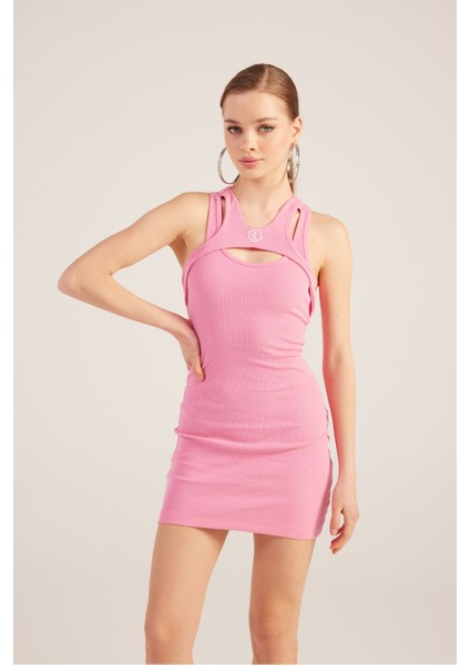 Halter Yakalı Fitilli Mini Carlin Elbise Pembe