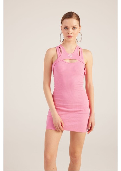 Halter Yakalı Fitilli Mini Carlin Elbise Pembe