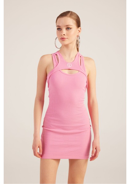 Halter Yakalı Fitilli Mini Carlin Elbise Pembe