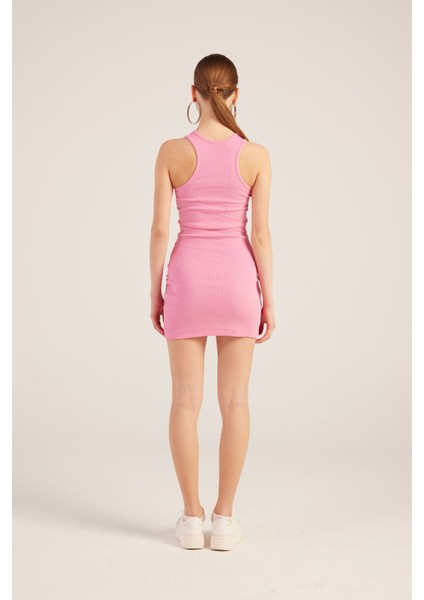 Halter Yakalı Fitilli Mini Carlin Elbise Pembe