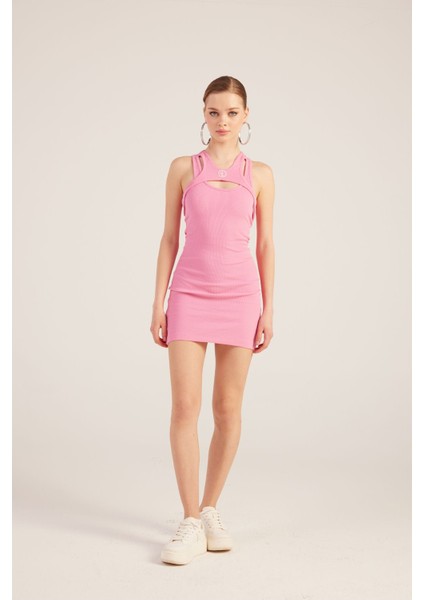 Halter Yakalı Fitilli Mini Carlin Elbise Pembe
