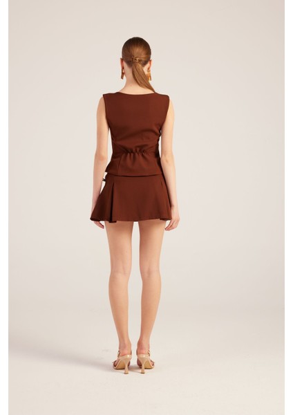 Kurdeleli Yüksek Bel Pilili Mini Elena Şort Etek Kahve indirimleri