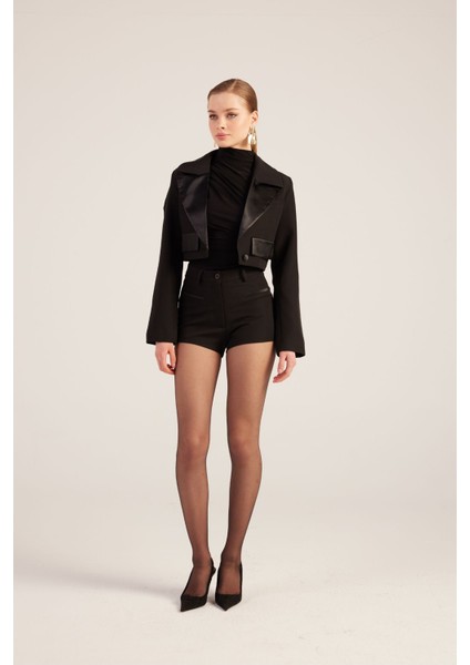 Yakası Saten Detaylı Camila Crop Blazer Ceket Siyah