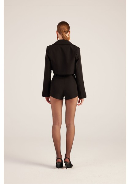 Yakası Saten Detaylı Camila Crop Blazer Ceket Siyah