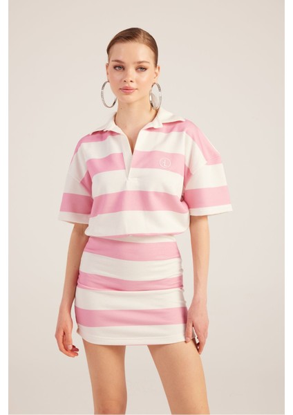 Polo Yaka Çizgili Mini Pamela Elbise Pembe modelleri