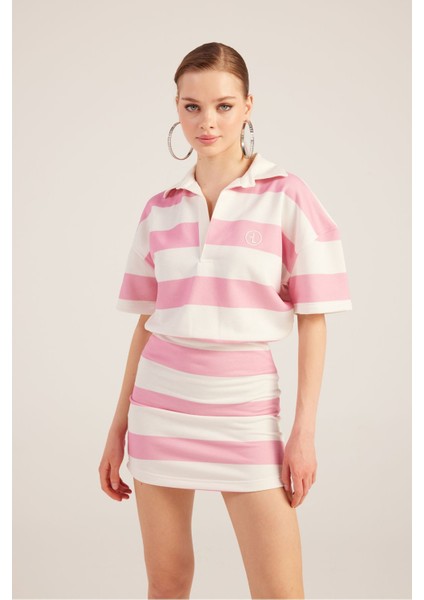 Polo Yaka Çizgili Mini Pamela Elbise Pembe