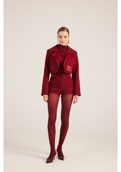 Yakası Saten Detaylı Camila Crop Blazer Ceket Bordo
